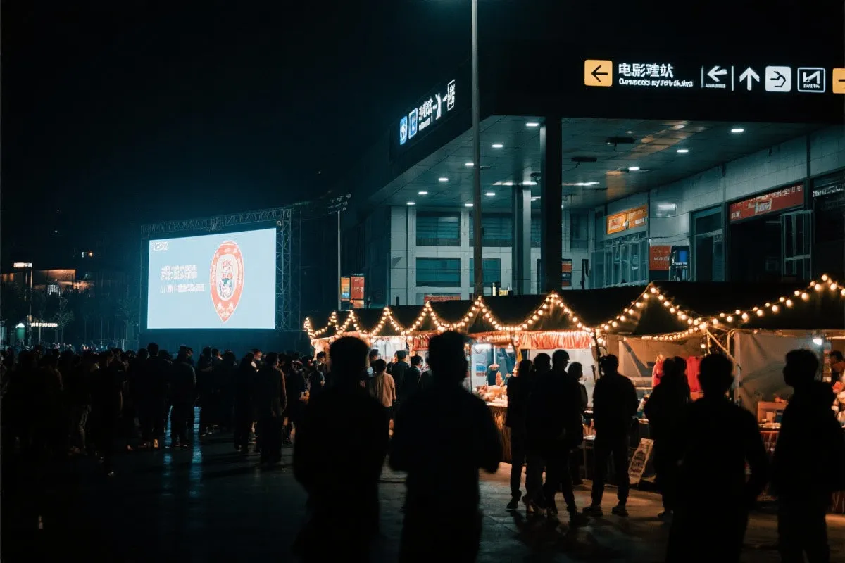 费城球迷广场夜景：大屏观赛人群、步行指示牌与公共交通入口